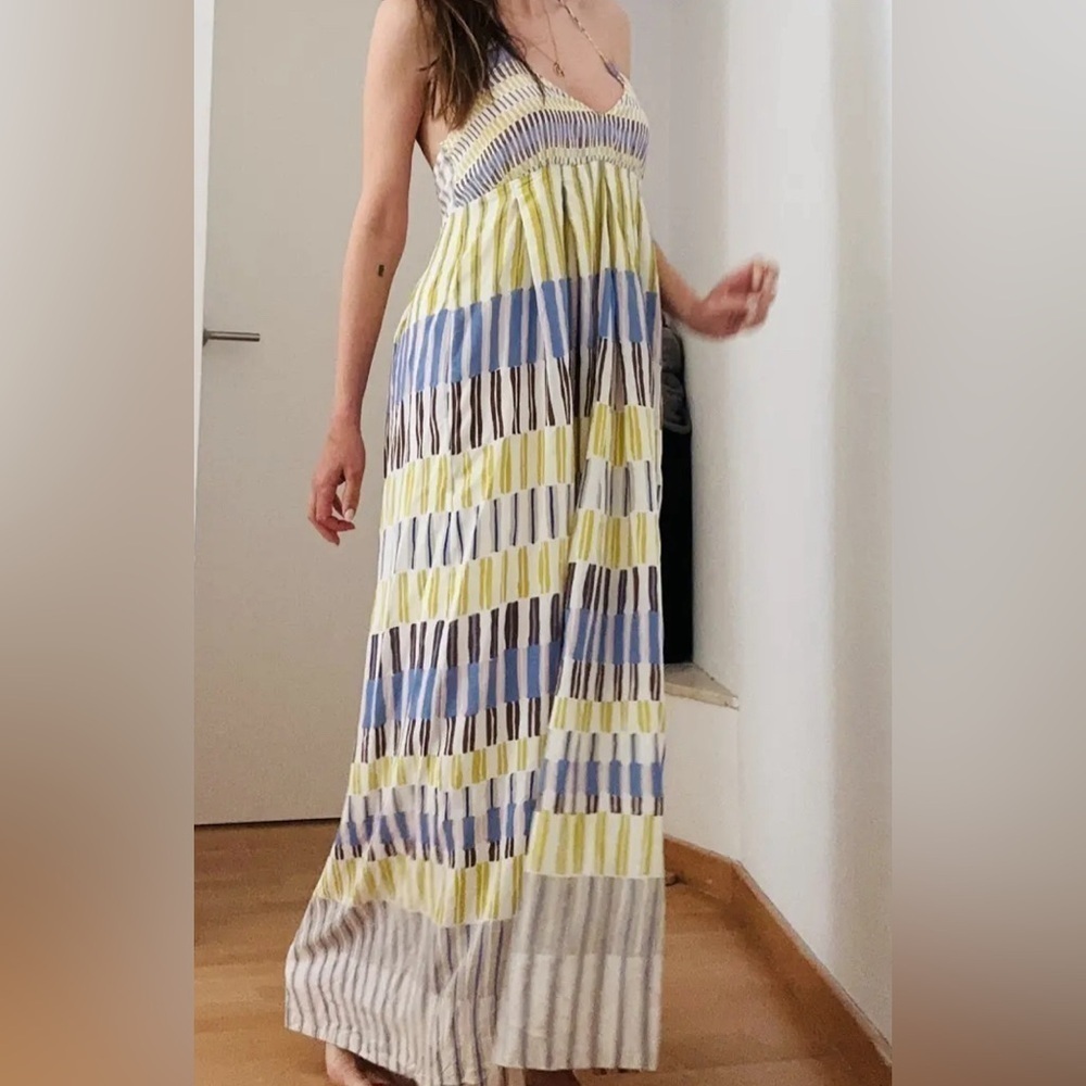 NEW Massimo Dutti White Geometric Silk Halter Maxi Dress US 8